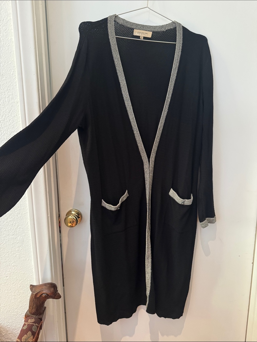 Jones New York Black Open Long Cardigan with Silver Trim
